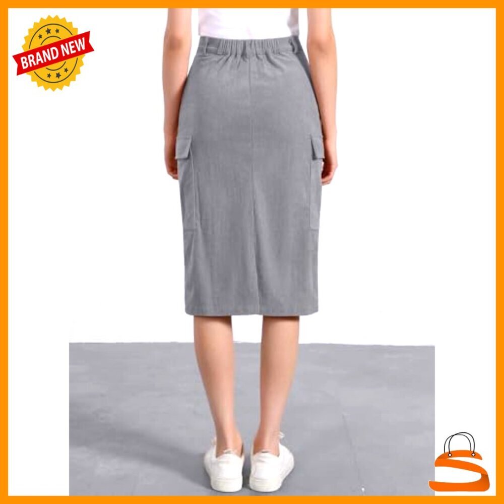 Corduroy Cargo Skirt High Waisted Elastic Back Midi A-Line Retro Chic - Picture 2 of 5